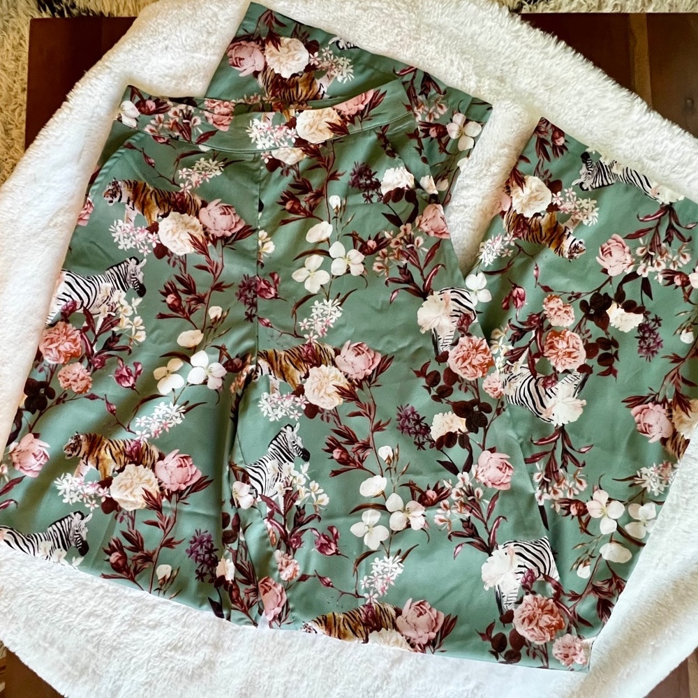Boho Satin Green & Floral Wide Leg Pant
